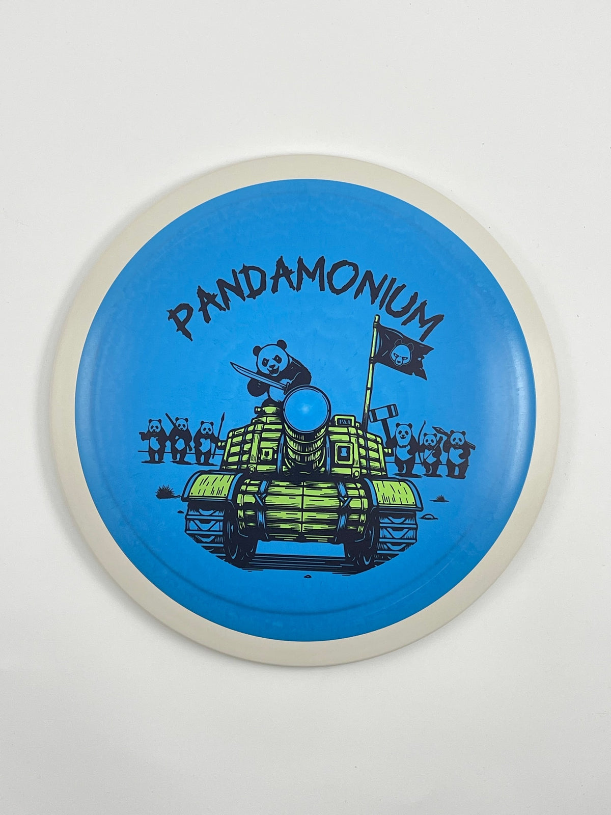 MVP Wave disc golf distance driver in blue Fission plastic with Pandamonium Panda Tank stamp