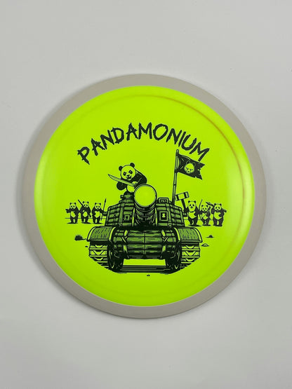 MVP Wave disc golf distance driver in highlighter Fission plastic with Pandamonium Panda Tank stamp