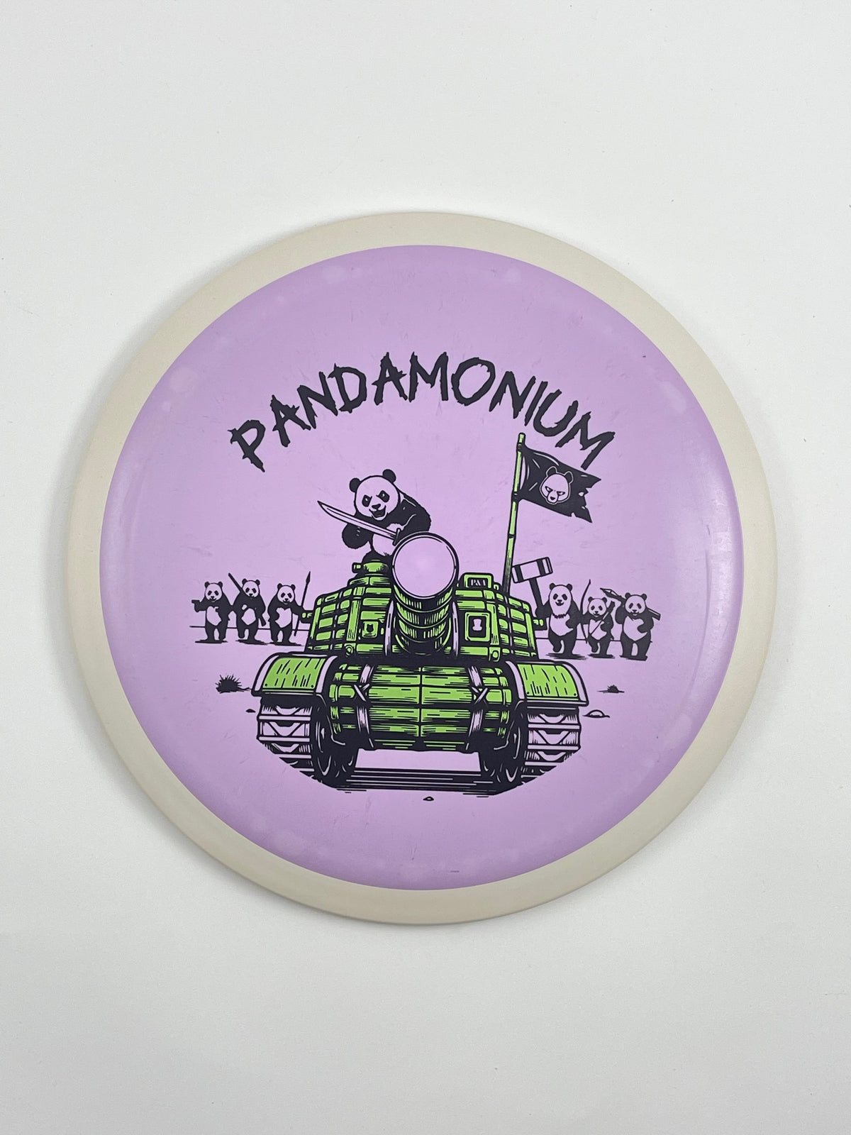 MVP Wave disc golf distance driver in lilac Fission plastic with Pandamonium Panda Tank stamp