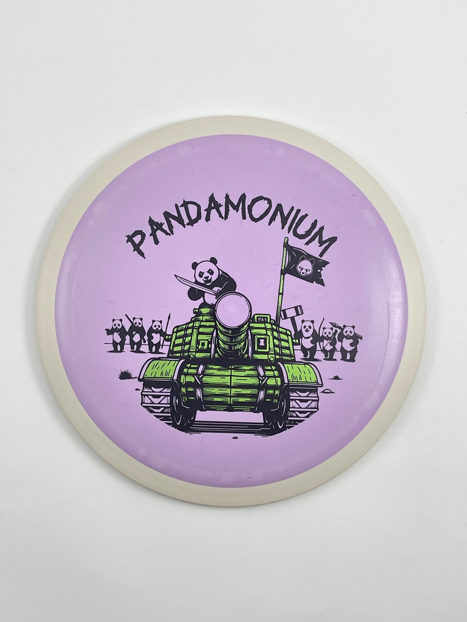 MVP Wave disc golf distance driver in lilac Fission plastic with Pandamonium Panda Tank stamp
