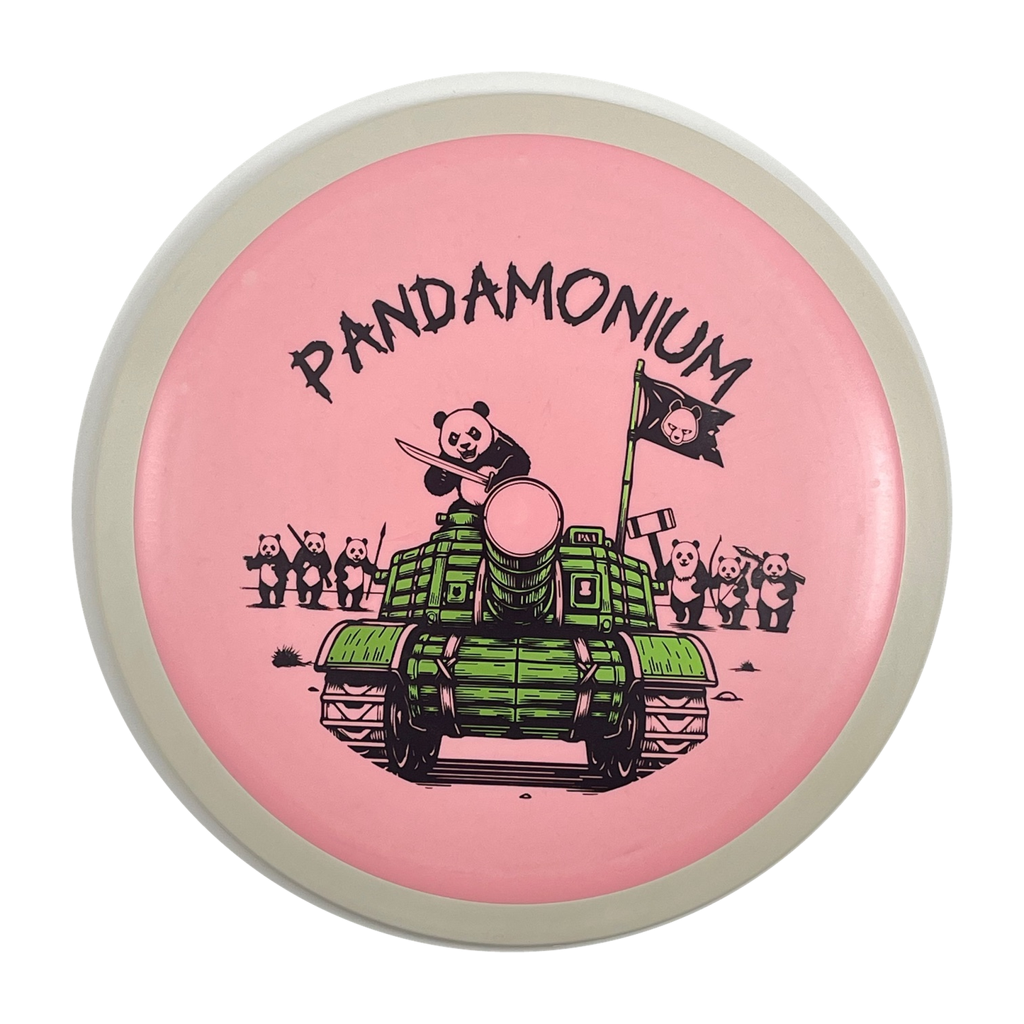 MVP Wave disc golf distance driver in pink Fission plastic with Pandamonium Panda Tank stamp, view 1