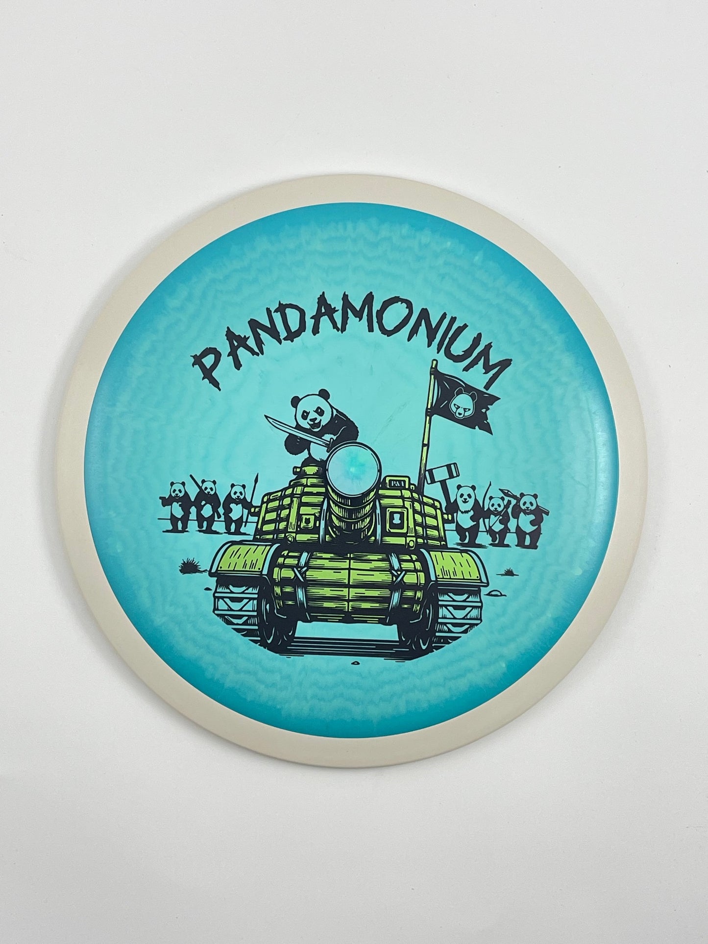 MVP Wave disc golf distance driver in teal Fission plastic with Pandamonium Panda Tank stamp