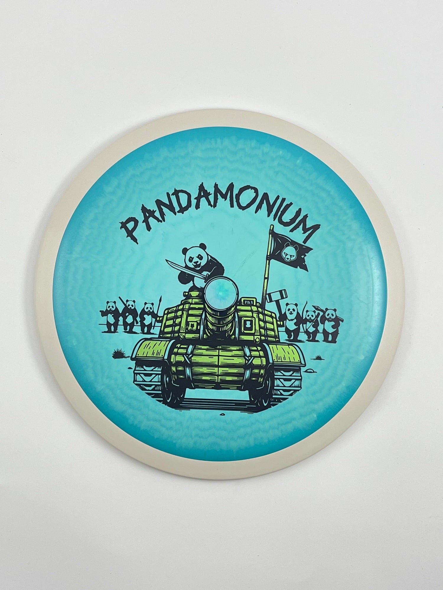MVP Wave disc golf distance driver in teal Fission plastic with Pandamonium Panda Tank stamp