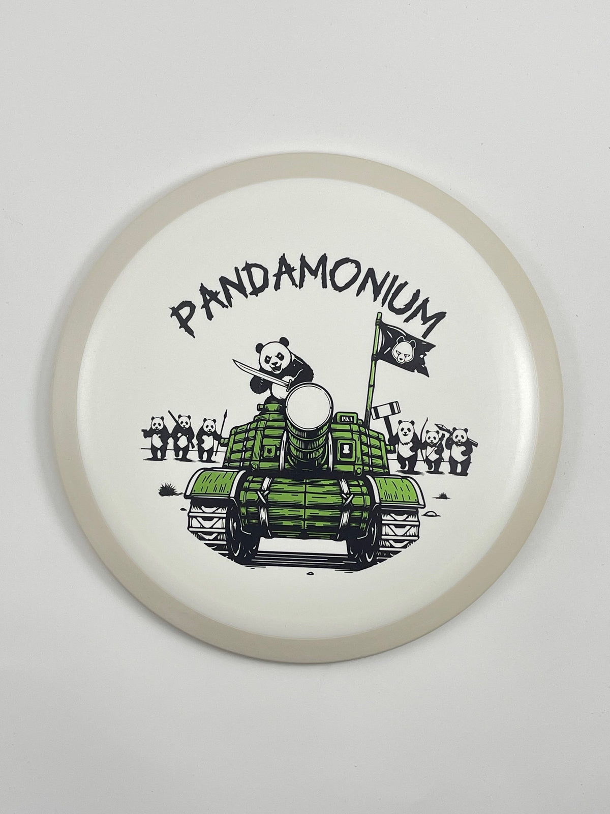MVP Wave disc golf distance driver in white Fission plastic with Pandamonium Panda Tank stamp