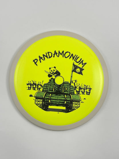 MVP Wave disc golf distance driver in yellow Fission plastic with Pandamonium Panda Tank stamp
