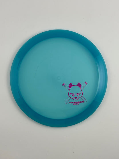 Latitude 64 Diamond disc golf fairway driver in blue Opto plastic with Pandamonium Panda Corner X stamp