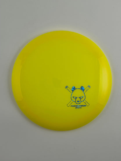 Latitude 64 River disc golf fairway driver in yellow Opto plastic with Pandamonium Panda Corner X stamp