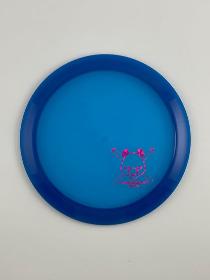 Latitude 64 Sapphire disc golf distance driver in blue Opto plastic with Pandamonium Panda Corner X stamp