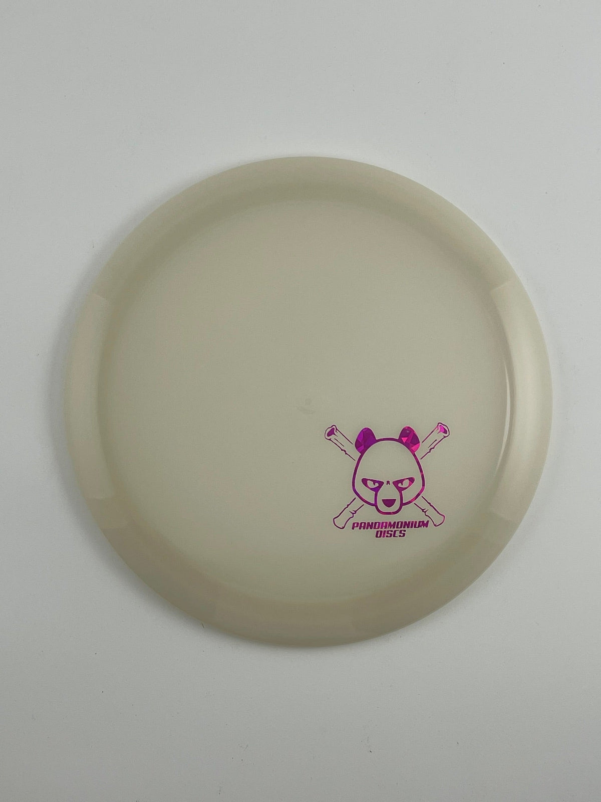 Latitude 64 Sapphire disc golf distance driver in white Opto plastic with Pandamonium Panda Corner X stamp