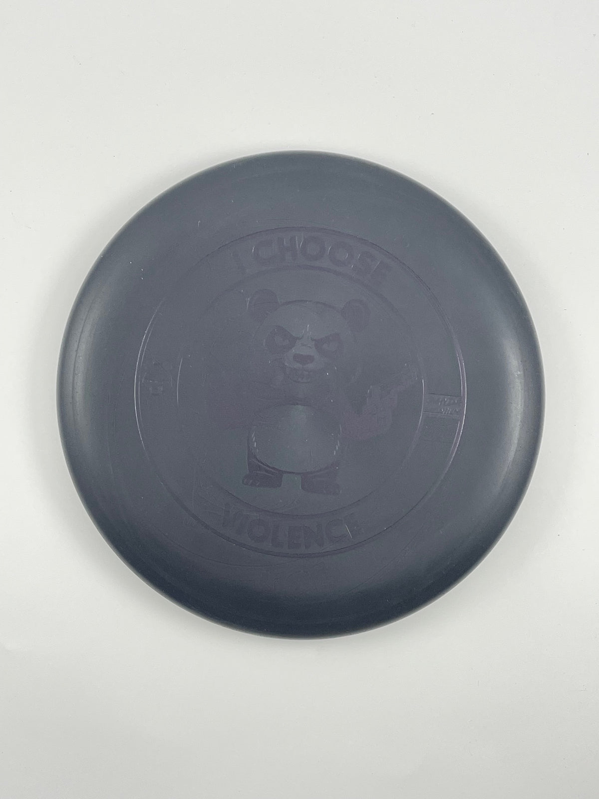 Discraft Luna disc golf putt and approach in black Rubber Blend plastic with Pandamonium I Choose Violence stamp