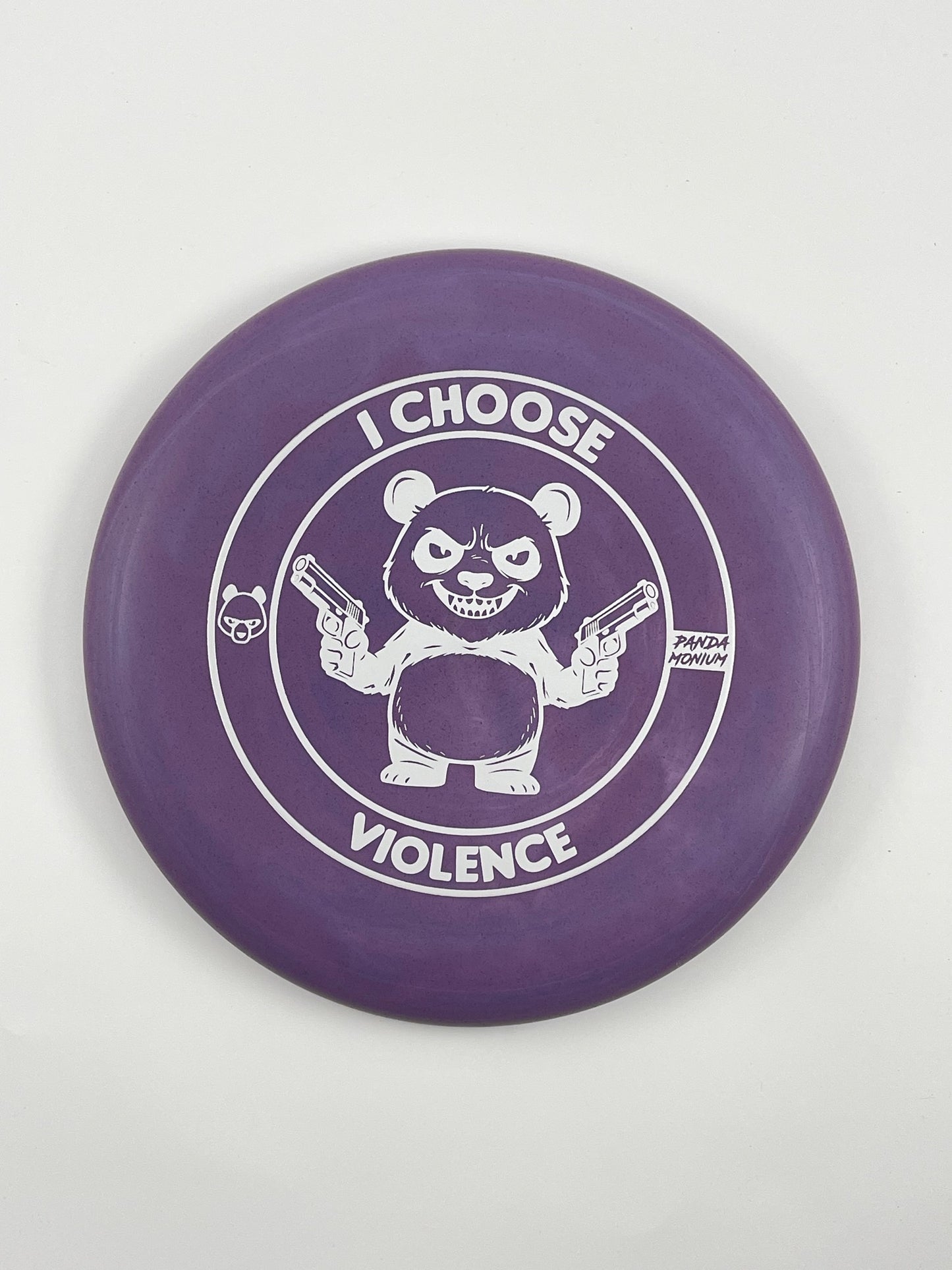 Discraft Luna disc golf putt and approach in purple Rubber Blend plastic with Pandamonium I Choose Violence stamp