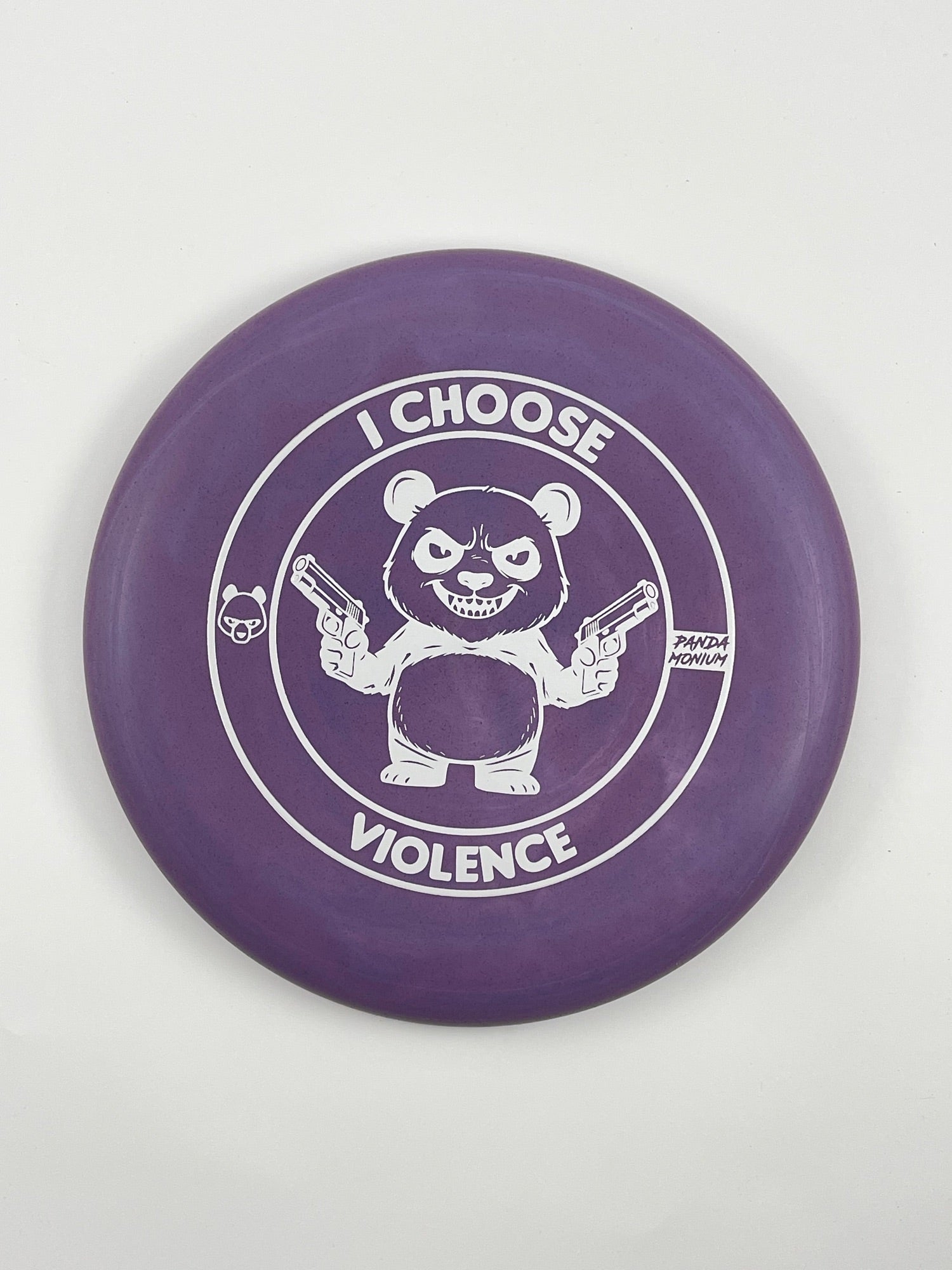 Discraft Luna disc golf putt and approach in purple Rubber Blend plastic with Pandamonium I Choose Violence stamp