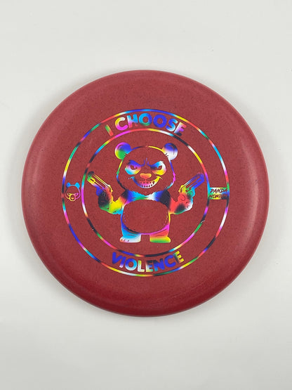 Discraft Luna disc golf putt and approach in red Rubber Blend plastic with Pandamonium I Choose Violence stamp