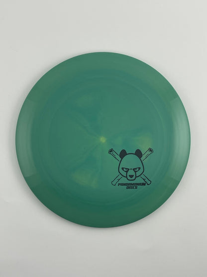 Discmania FD disc golf fairway driver in green S-Line Swirl plastic with Pandamonium Panda Corner X stamp