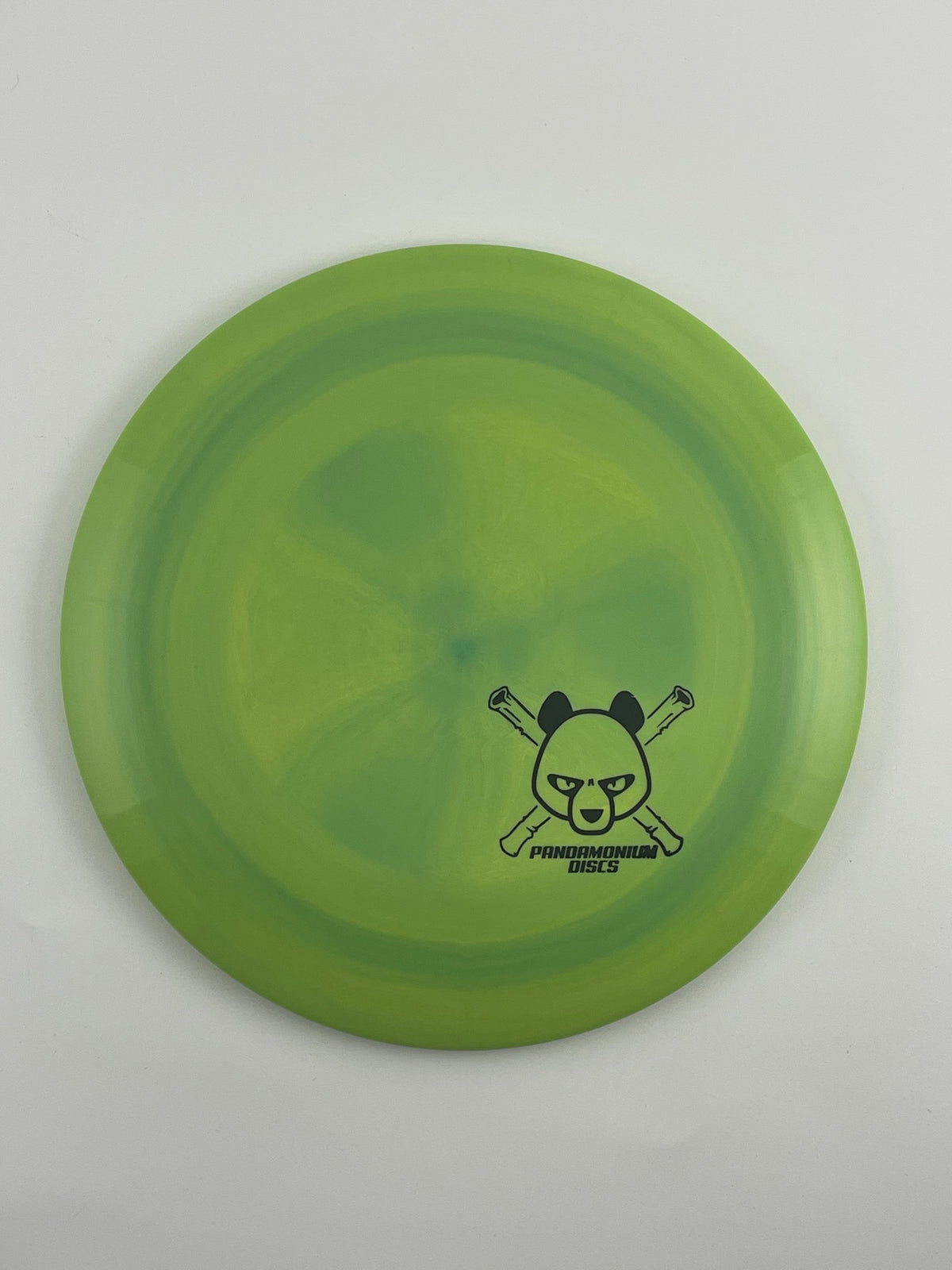 Discmania FD disc golf fairway driver in lime and green S-Line Swirl plastic with Pandamonium Panda Corner X stamp
