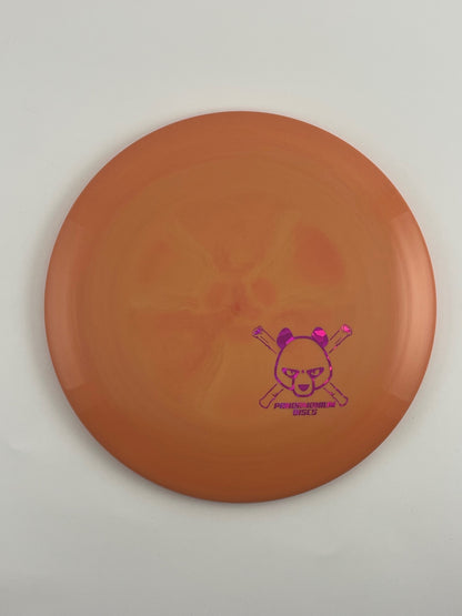Discmania FD disc golf fairway driver in orange S-Line Swirl plastic with Pandamonium Panda Corner X stamp
