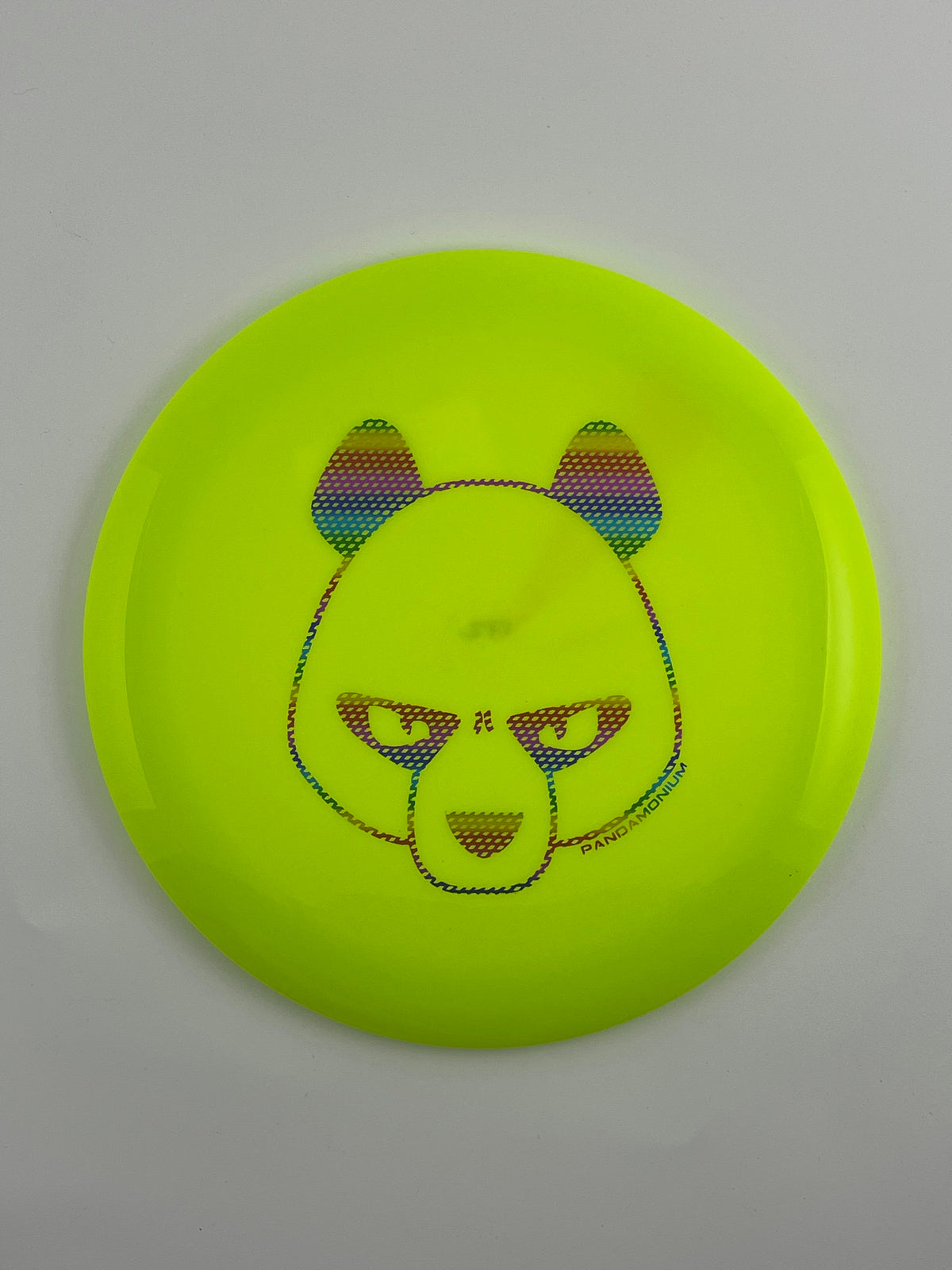 Innova Destroyer disc golf distance driver in highlighter and yellow Star plastic with Pandamonium Big Panda stamp