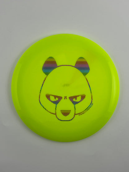 Innova Destroyer disc golf distance driver in highlighter and yellow Star plastic with Pandamonium Big Panda stamp