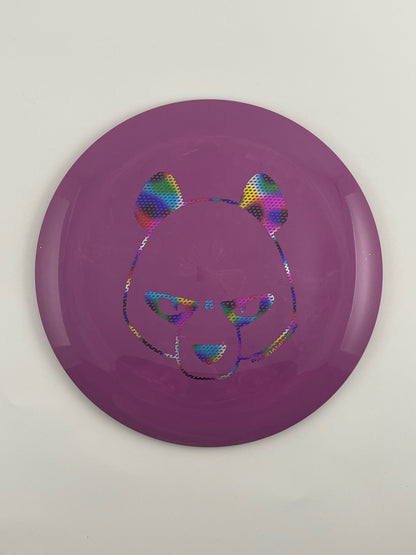 Innova Destroyer disc golf distance driver in purple Star plastic with Pandamonium Big Panda stamp