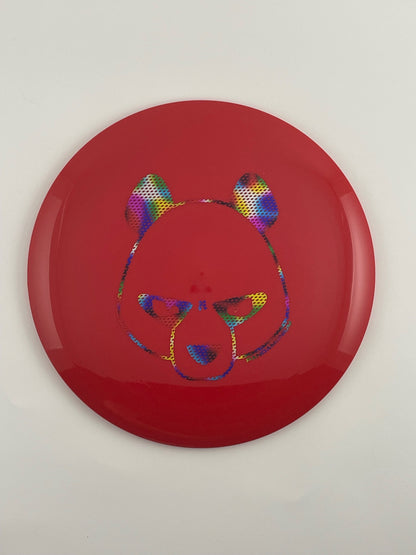 Innova Destroyer disc golf distance driver in red Star plastic with Pandamonium Big Panda stamp