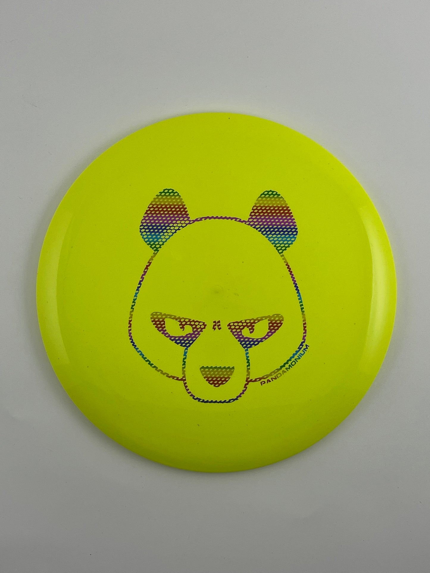 Innova Destroyer disc golf distance driver in yellow Star plastic with Pandamonium Big Panda stamp