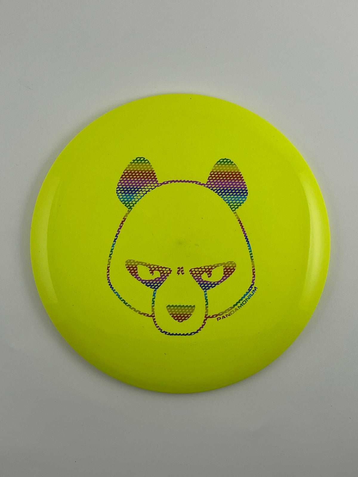 Innova Destroyer disc golf distance driver in yellow Star plastic with Pandamonium Big Panda stamp