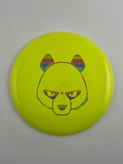 Innova Destroyer disc golf distance driver in yellow Star plastic with Pandamonium Big Panda stamp