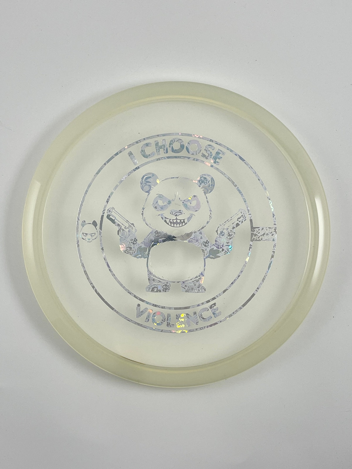 Discraft Buzzz disc golf midrange in clear Z Line plastic with Pandamonium I Choose Violence stamp