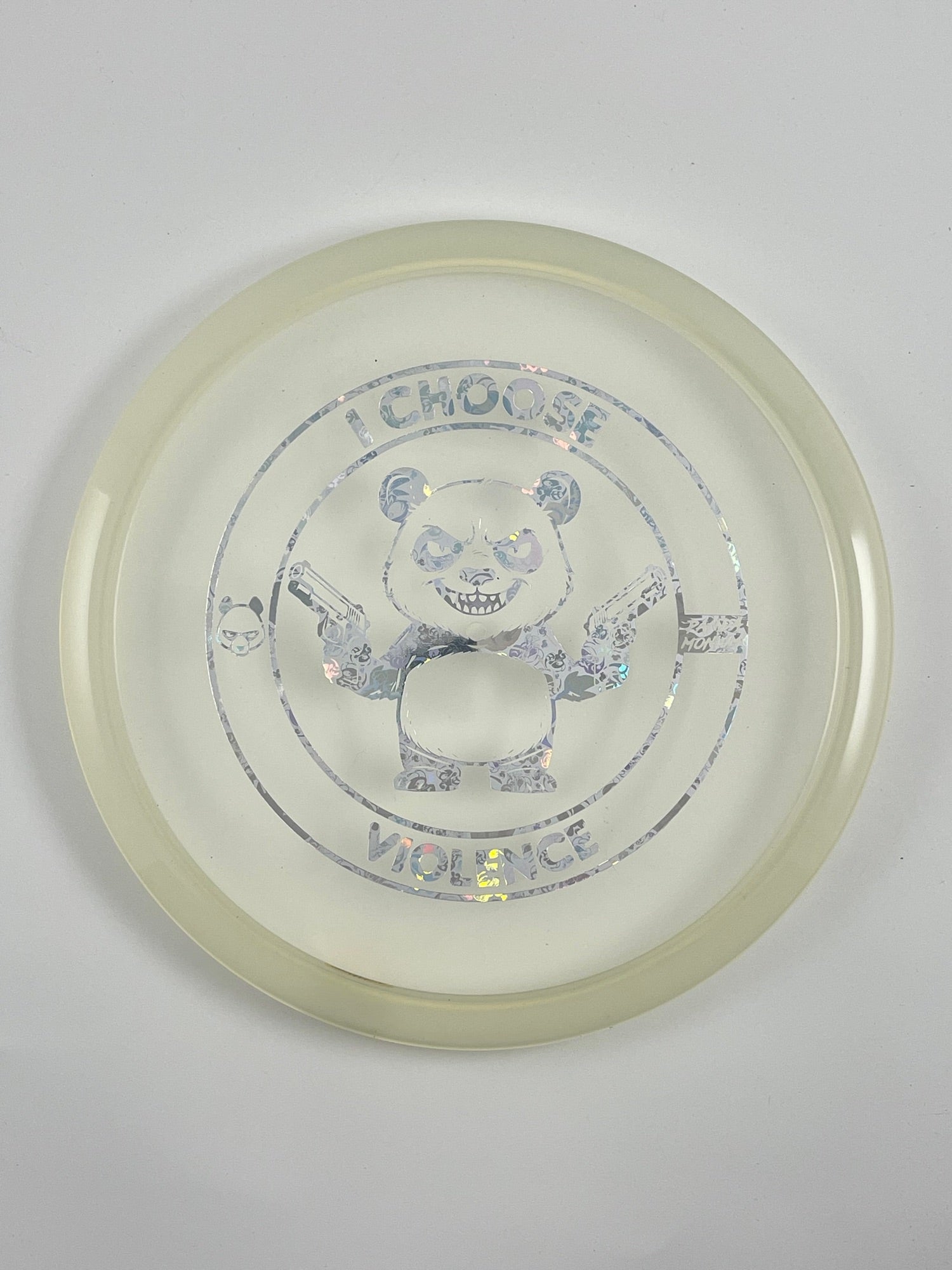Discraft Buzzz disc golf midrange in clear Z Line plastic with Pandamonium I Choose Violence stamp