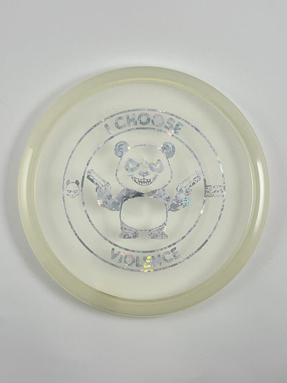 Discraft Buzzz disc golf midrange in clear Z Line plastic with Pandamonium I Choose Violence stamp