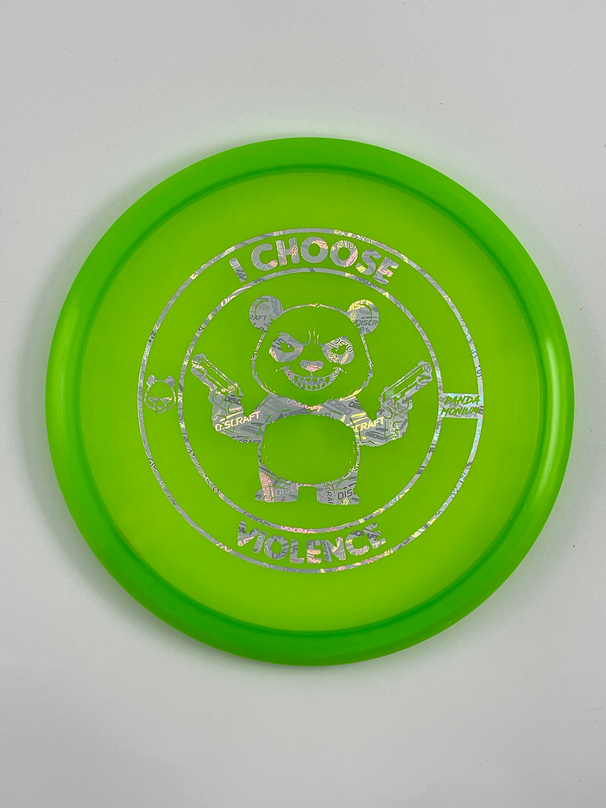 Discraft Buzzz disc golf midrange in green Z Line plastic with Pandamonium I Choose Violence stamp