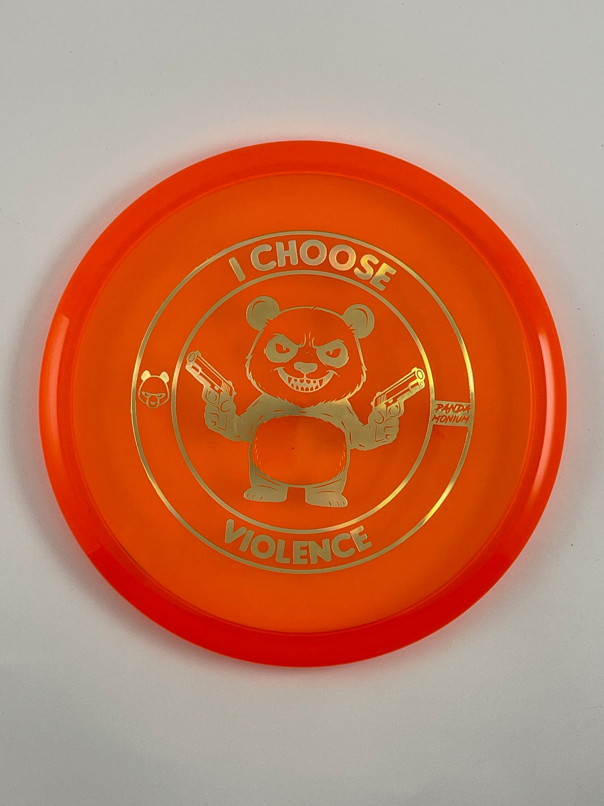 Discraft Buzzz disc golf midrange in orange Z Line plastic with Pandamonium I Choose Violence stamp