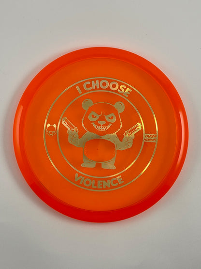 Discraft Buzzz disc golf midrange in orange Z Line plastic with Pandamonium I Choose Violence stamp