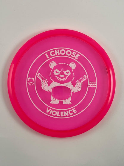Discraft Buzzz disc golf midrange in pink Z Line plastic with Pandamonium I Choose Violence stamp