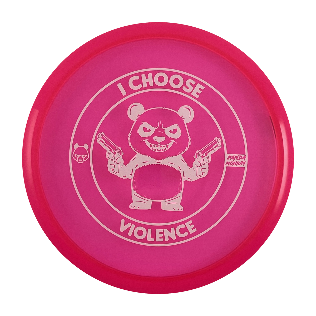 Discraft Buzzz disc golf midrange in pink Z Line plastic with Pandamonium I Choose Violence stamp, view 1