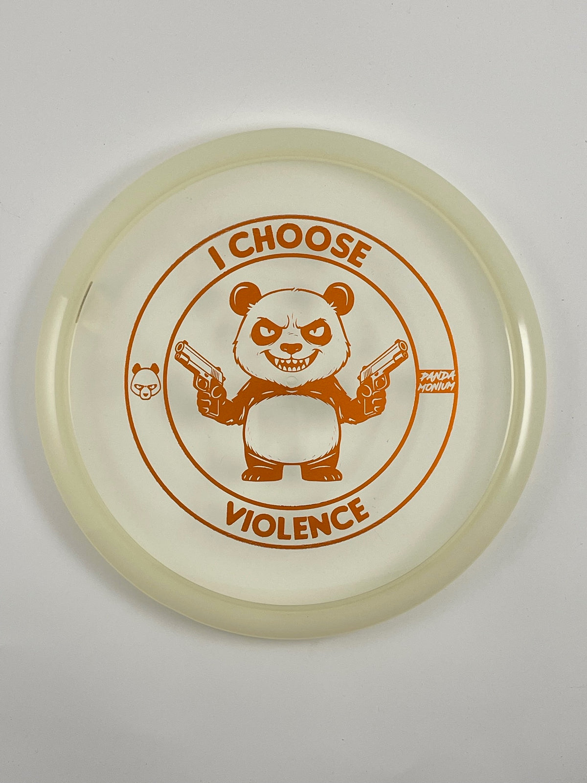 Discraft Buzzz SS disc golf midrange in clear and gold Z Line plastic with Pandamonium I Choose Violence stamp