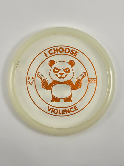 Discraft Buzzz SS disc golf midrange in clear and gold Z Line plastic with Pandamonium I Choose Violence stamp