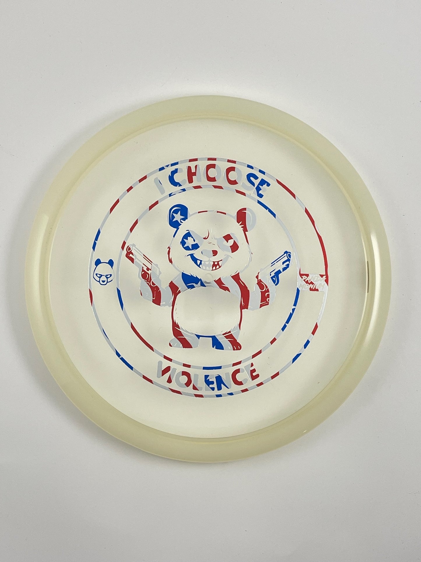 Discraft Buzzz SS disc golf midrange in clear and red Z Line plastic with Pandamonium I Choose Violence stamp