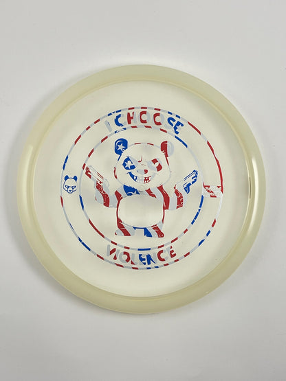 Discraft Buzzz SS disc golf midrange in clear and red Z Line plastic with Pandamonium I Choose Violence stamp
