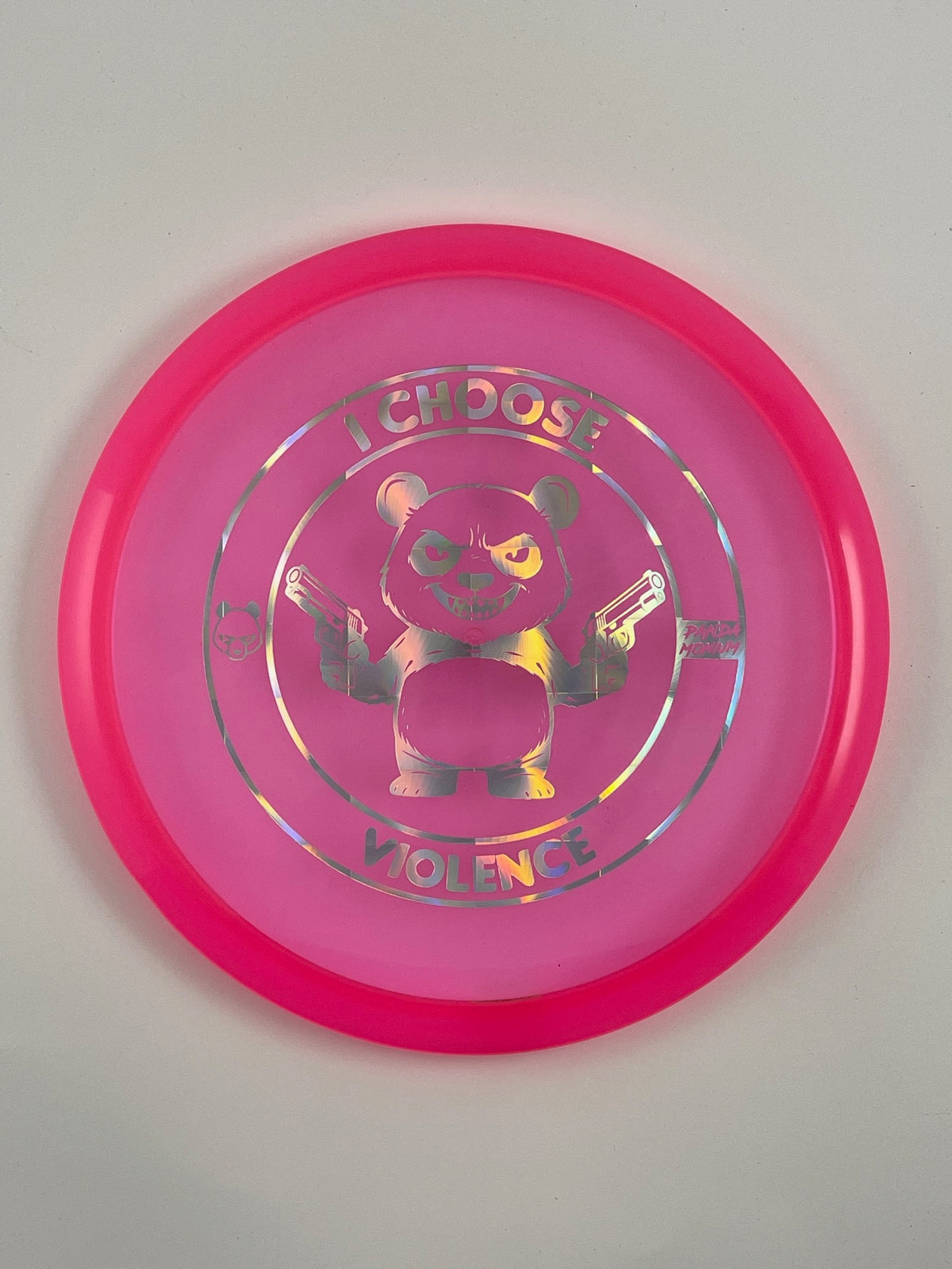 Discraft Buzzz SS disc golf midrange in pink Z Line plastic with Pandamonium I Choose Violence stamp