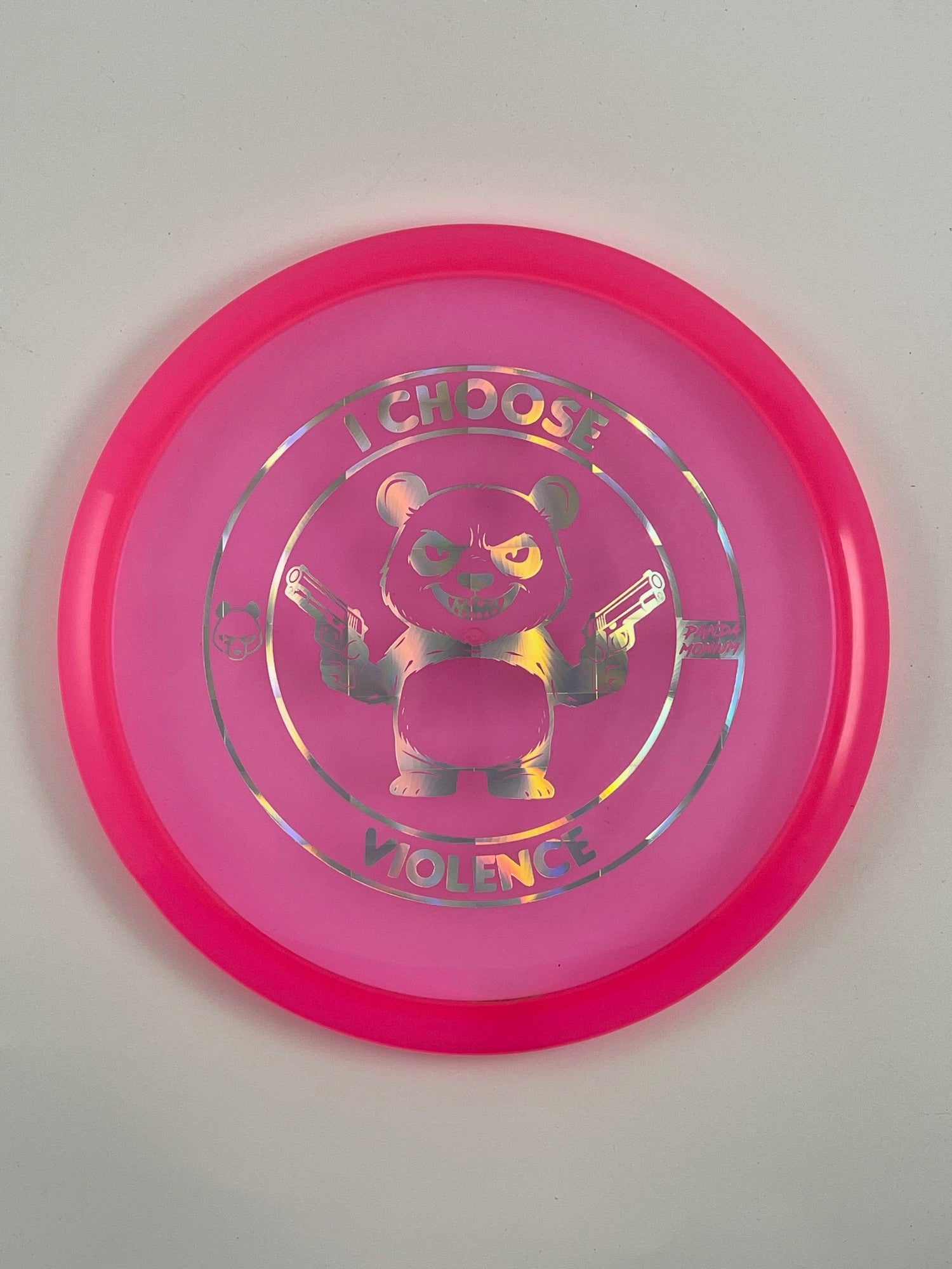 Discraft Buzzz SS disc golf midrange in pink Z Line plastic with Pandamonium I Choose Violence stamp