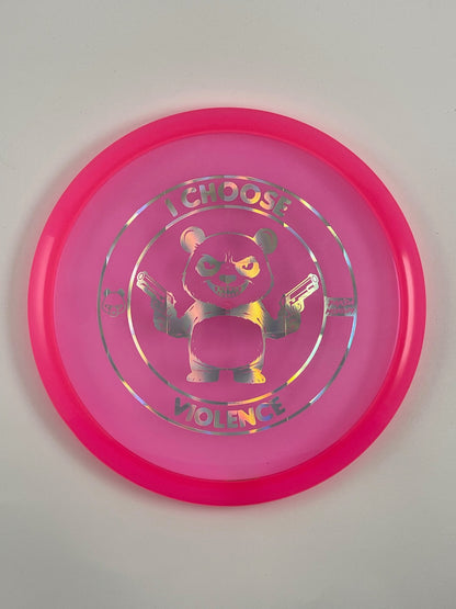 Discraft Buzzz SS disc golf midrange in pink Z Line plastic with Pandamonium I Choose Violence stamp