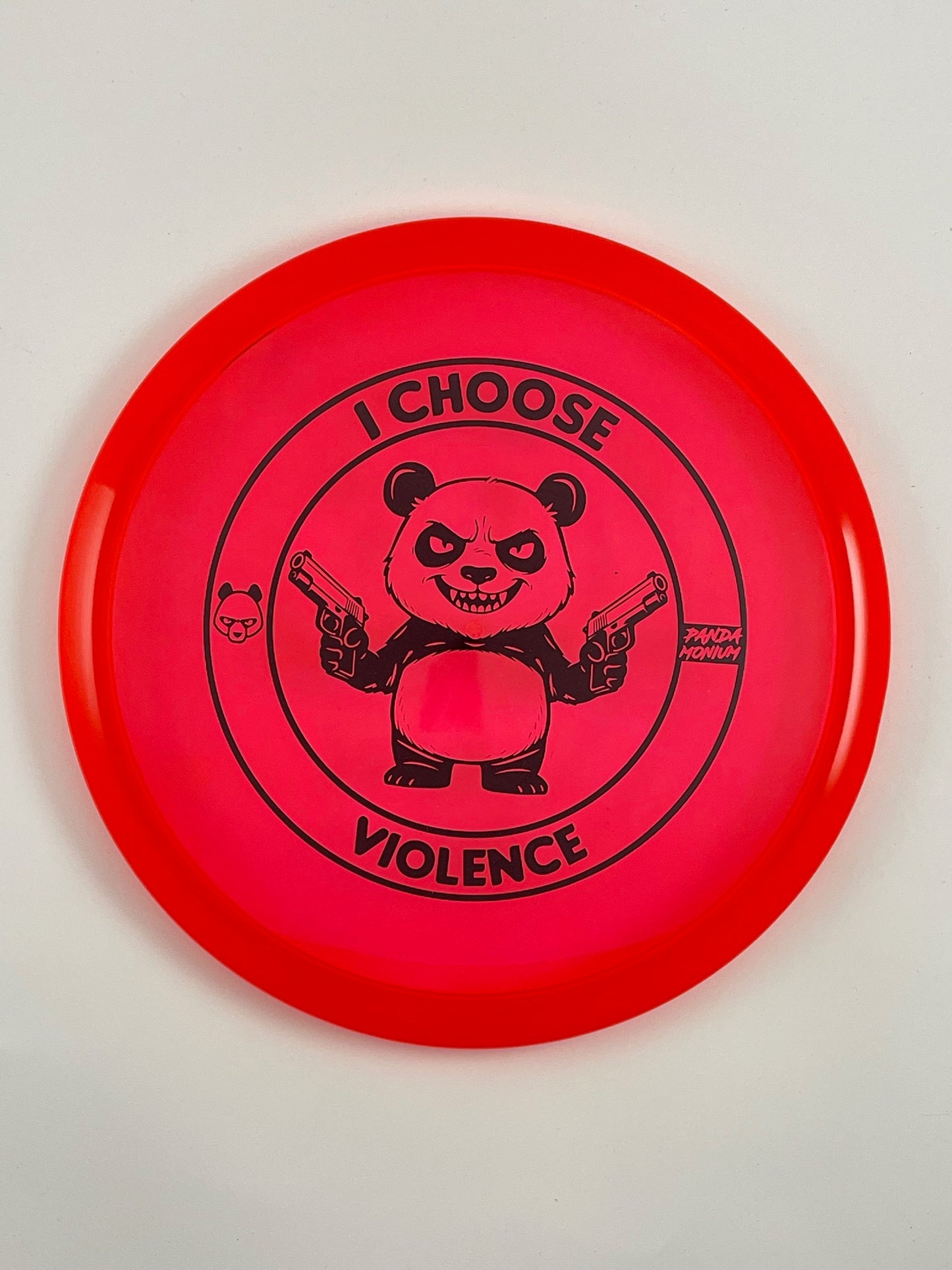 Discraft Buzzz SS disc golf midrange in red Z Line plastic with Pandamonium I Choose Violence stamp