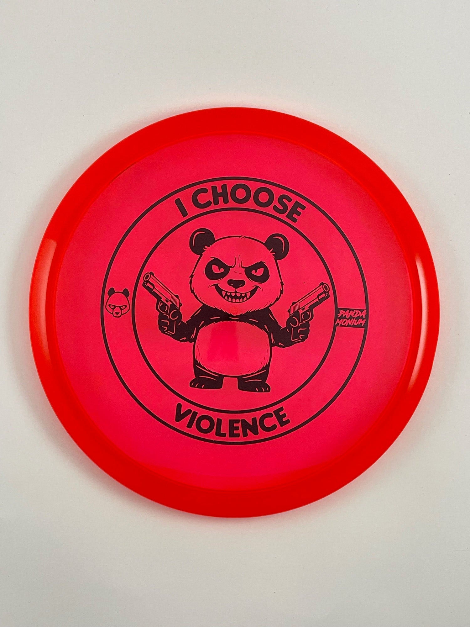 Discraft Buzzz SS disc golf midrange in red Z Line plastic with Pandamonium I Choose Violence stamp