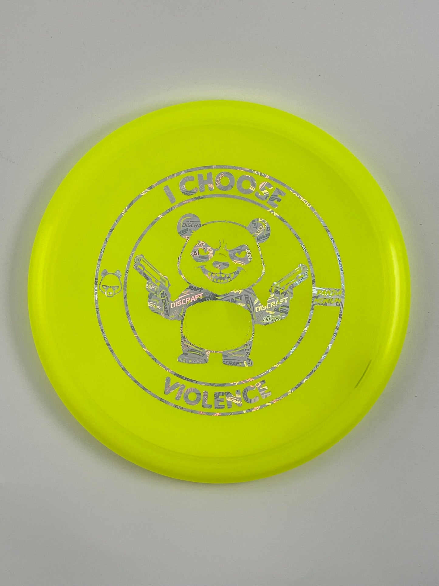 Discraft Buzzz disc golf midrange in yellow Z Line plastic with Pandamonium I Choose Violence stamp