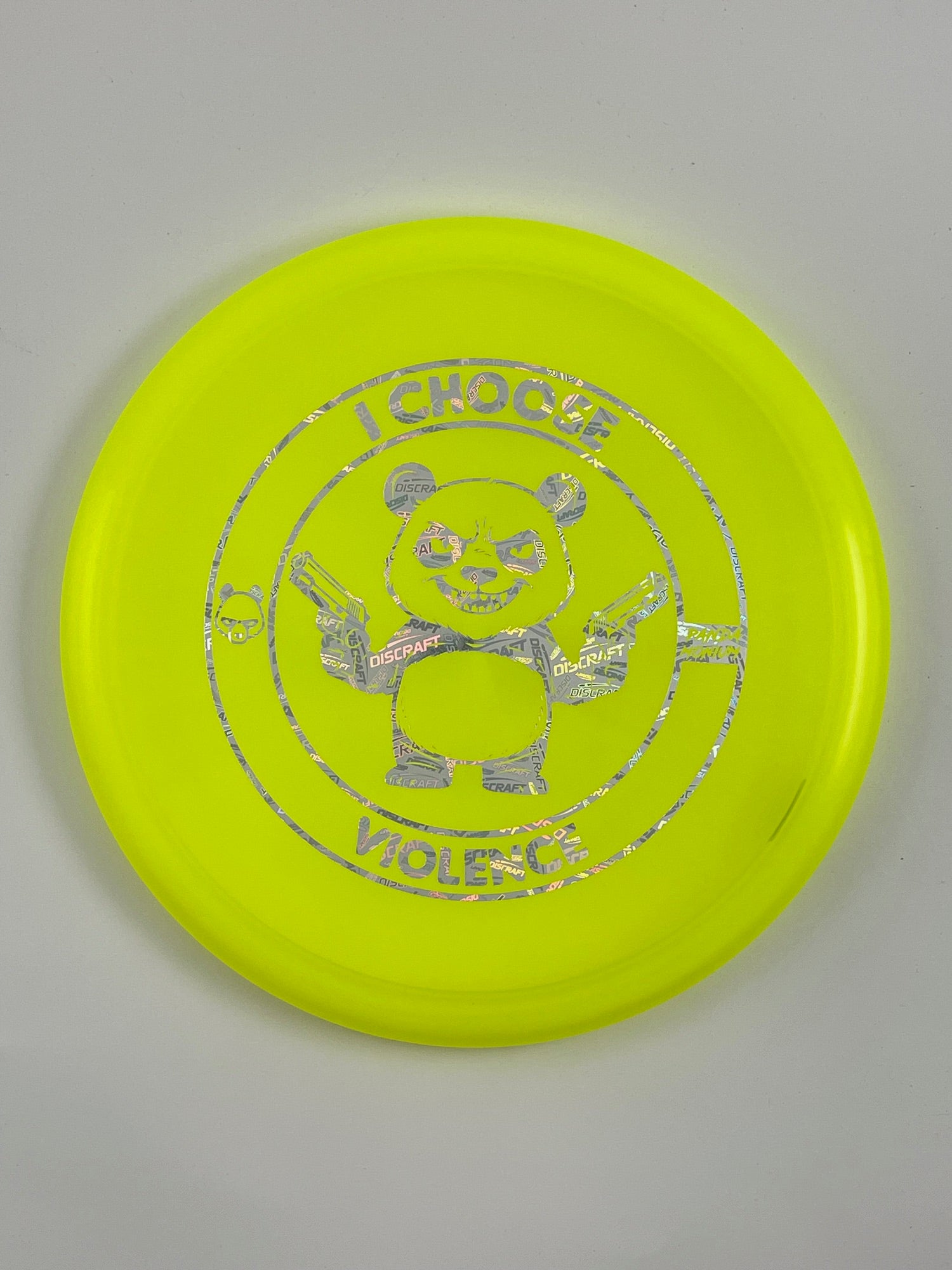 Discraft Buzzz disc golf midrange in yellow Z Line plastic with Pandamonium I Choose Violence stamp