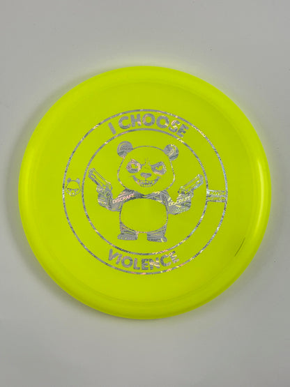 Discraft Buzzz disc golf midrange in yellow Z Line plastic with Pandamonium I Choose Violence stamp