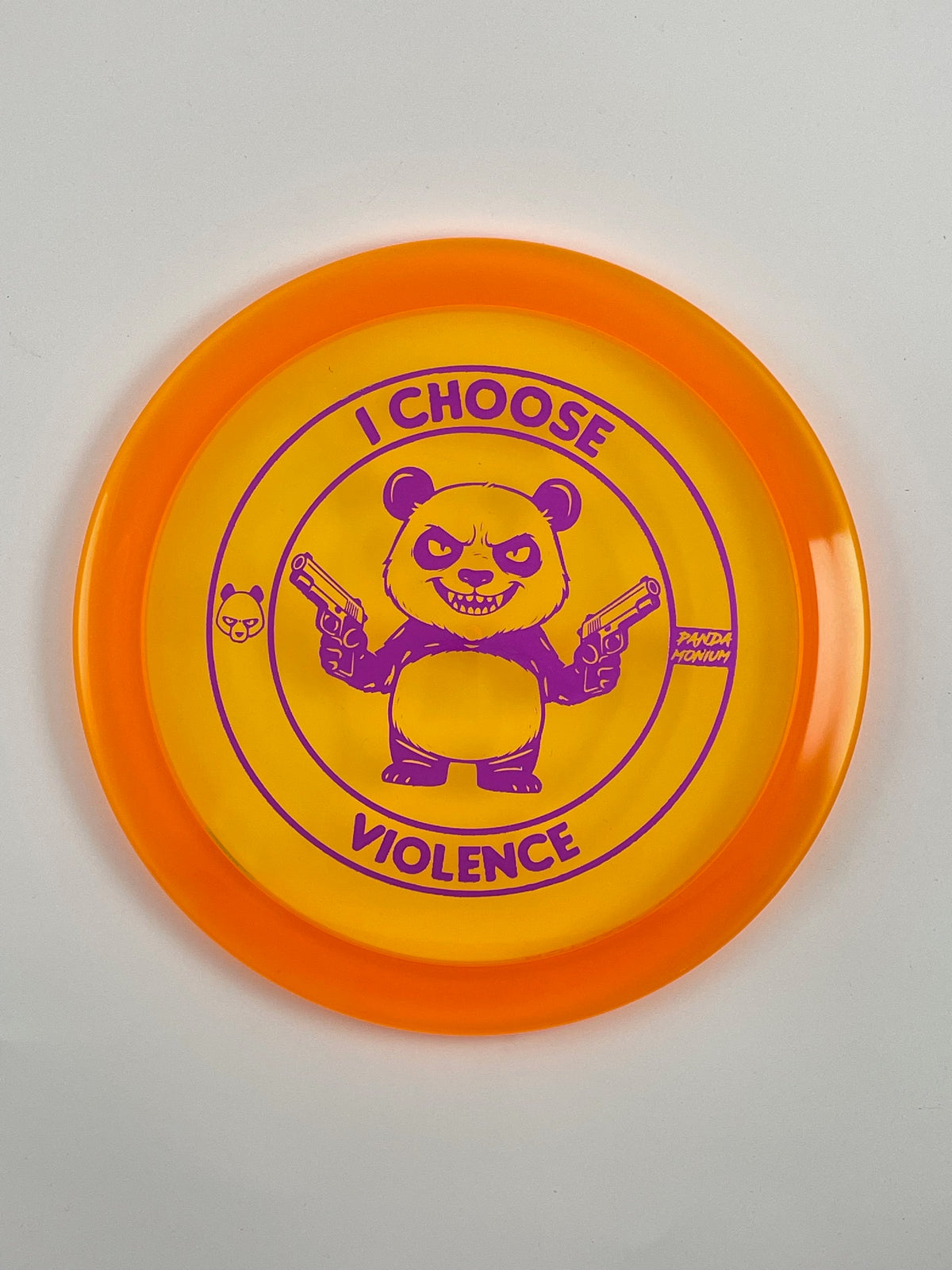 Discraft Raptor disc golf fairway driver in orange Z Line plastic with Pandamonium I Choose Violence stamp