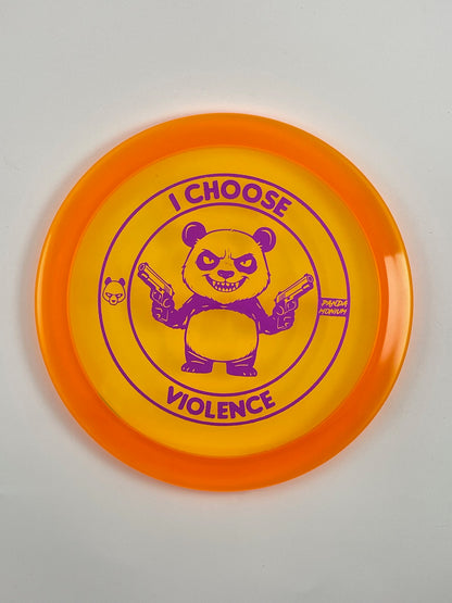 Discraft Raptor disc golf fairway driver in orange Z Line plastic with Pandamonium I Choose Violence stamp
