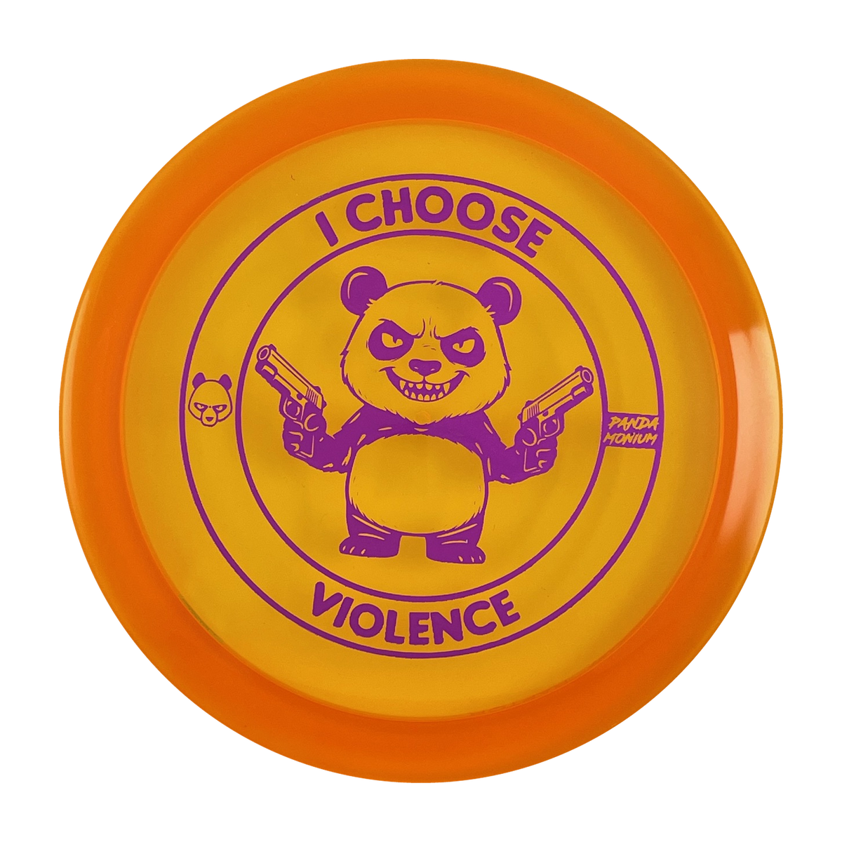 Discraft Raptor disc golf fairway driver in orange Z Line plastic with Pandamonium I Choose Violence stamp, view 1